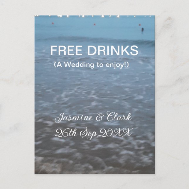 Free drinks save the date beach wedding add name  postcard (Front)