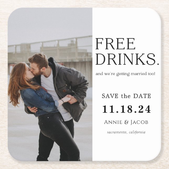 Free Drinks  Save the Date Square Paper Coaster (Front)