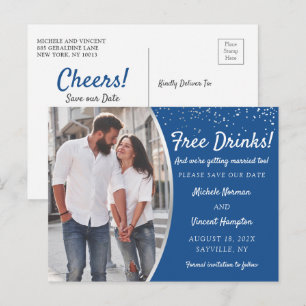 Free Drinks Silver Blue Photo Casual Save The Date Postcard