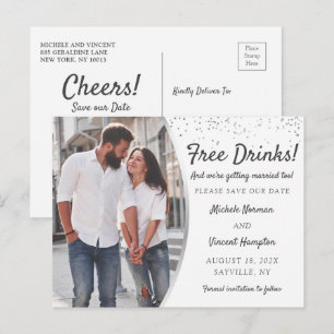 Free Drinks Silver Photo Casual Save The Date Postcard