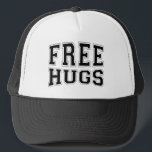 Free Hugs Black Text Design Trucker Hat<br><div class="desc">Free hugs. Cool black text design-using college font with curved text. Any colour can be requested.
This design is available only on selected product. feel free to request it on any product offered by Zazzle.</div>