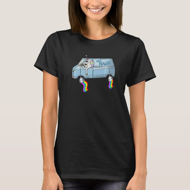 Free Magic Unicorn Driver Flying Fantasy Rainbow T-Shirt (Front)