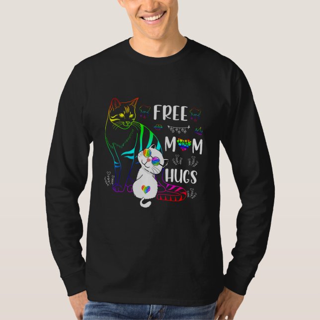 Free Mom Hugs Cat Rainbow Pride LGBT Gay Lesbian T T-Shirt (Front)