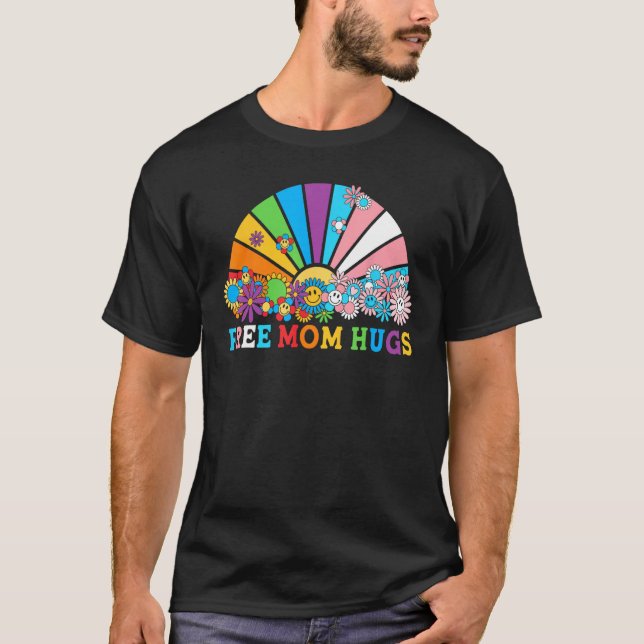 Free Mom Hugs Groovy Rainbow Heart LGBT Flag Pride T-Shirt (Front)
