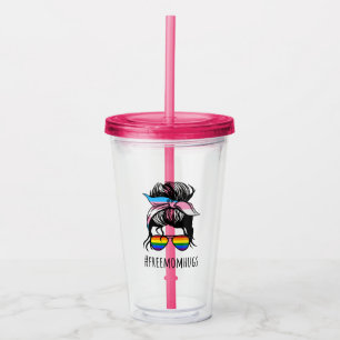 Free Mum Hugs IV - Messy Bun Rainbow Gay Trans Acrylic Tumbler