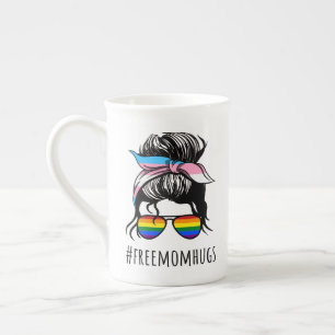 Free Mum Hugs IV - Messy Bun Rainbow Gay Trans Bone China Mug
