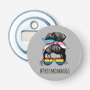 Free Mum Hugs IV - Messy Bun Rainbow Gay Trans Bottle Opener