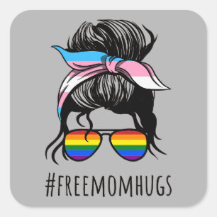 Free Mum Hugs IV - Messy Bun Rainbow Gay Trans Square Sticker