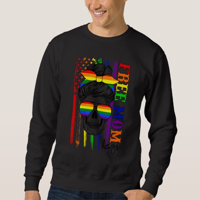 Free Mum Hugs Messy Bun Glasses Lgbt Us Flag Sweatshirt (Front)
