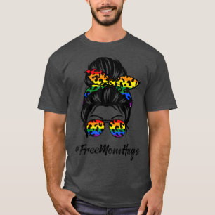 Free Mum Hugs Messy Bun Transgender Pride Rainbow T-Shirt