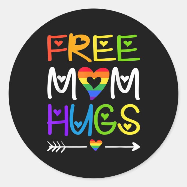 Free Mum Hugs Rainbow Heart LGBT Pride Month Classic Round Sticker (Front)