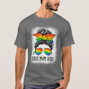 Free Mum Hugs T Messy Bun Heart LGBT Pride Month T-Shirt