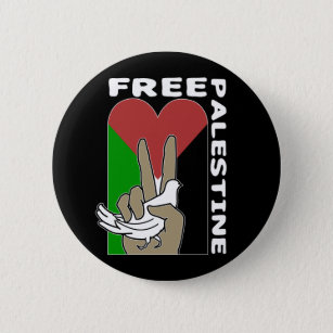 Free Palestine Dove Heart Peace Sign Black 6 Cm Round Badge