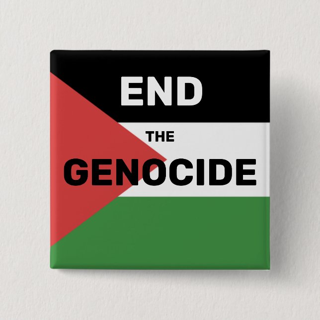 FREE PALESTINE END THE GENOCIDE FLAG RED GREEN  15 CM SQUARE BADGE (Front)