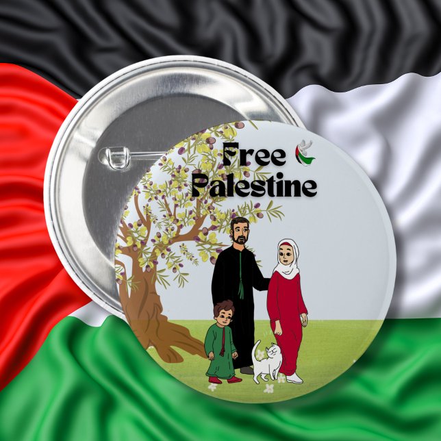 Free Palestine Flag Dove Olive Tree Family Cat 6 Cm Round Badge (Creator Uploaded)