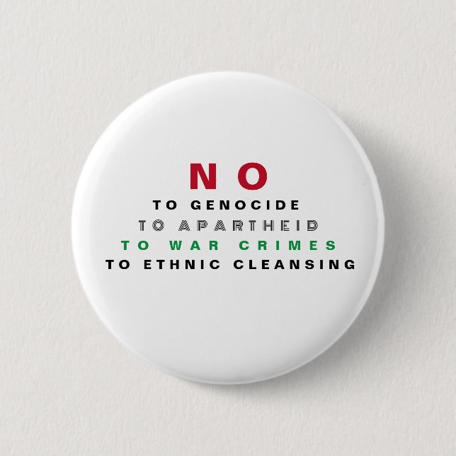 FREE PALESTINE NO TO GENOCIDE APARTHEID WAR CRIMES 6 CM ROUND BADGE (Front)