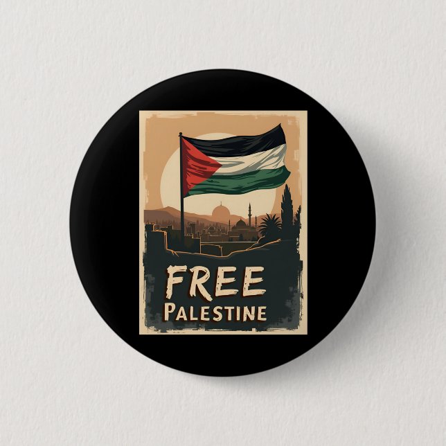 Free Palestine Palestinian Flag With Golden Palett 6 Cm Round Badge (Front)