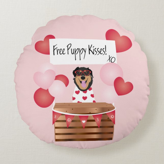 Free Puppy Kisses Valentine Dog Red Round Cushion (Front)