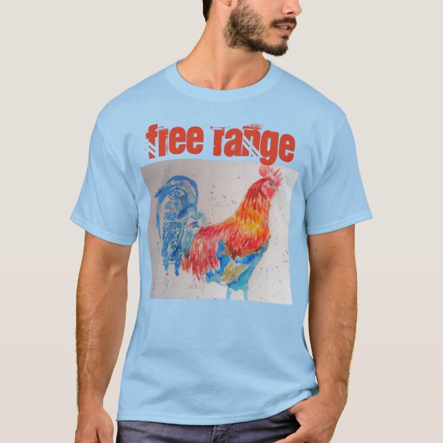 Free Range Chicken Watercolour Rooster T Shirt (Front)