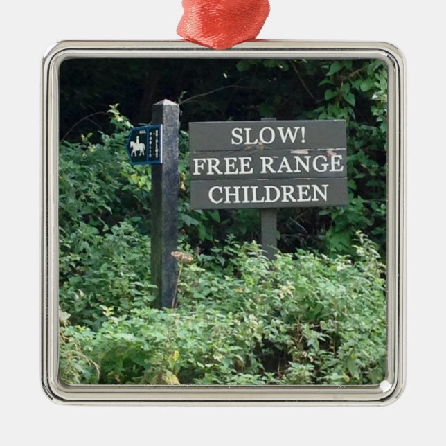 Free Range Children sign, fun Metal Tree Decoration (Front)