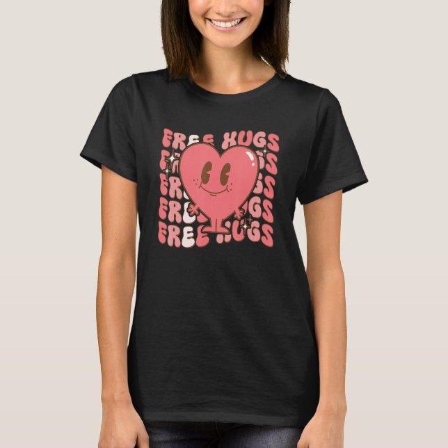 Free Retro Hugs Groovy Valentine's Day Heart Love  T-Shirt (Front)