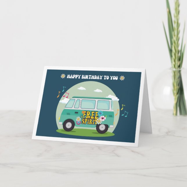 Free Spirit Hippie Bus Cartoon Birthday Card (Front)