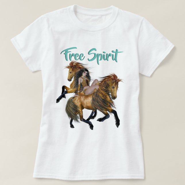 Free Spirit Native American Princess and Stallions T-Shirt (Design Front)