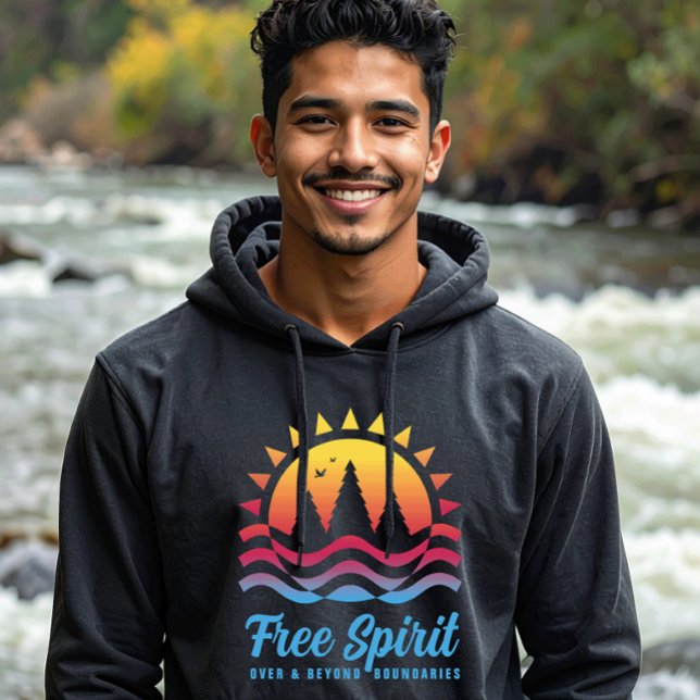 Free Spirit Over Beyond Boundaries Hoodie (Abstract gradient landscape hoodie from the "Free Spirit Explorer" collection by Wave and Walk.)