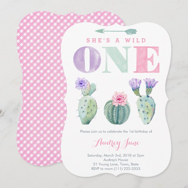 Free Spirit Pink Lilac Cactus Girl 1st Birthday Invitation (Front/Back)
