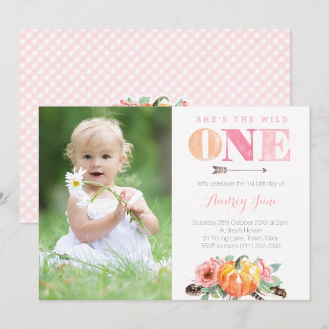 Free Spirit Pumpkin 1st Birthday Party for Girl Invitation (Front/Back)