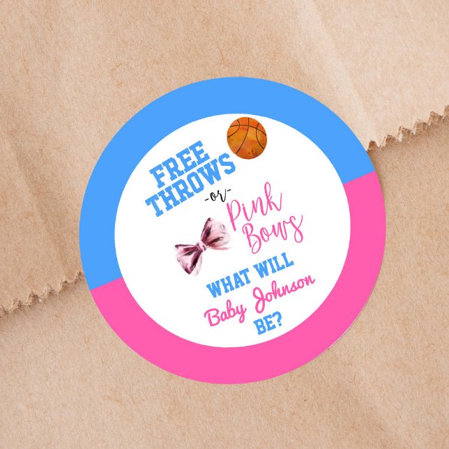 Free Throws or Pink Bows Basketball Gender Reveal Classic Round Sticker (Creator Uploaded)