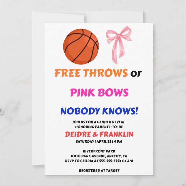 Free Throws or Pink Bows gender reveal party Invitation (Front)