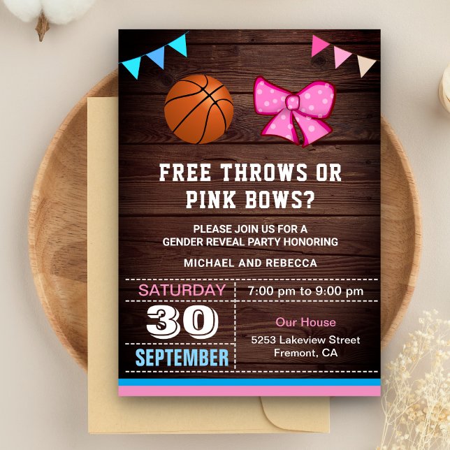 Free Throws or Pink Bows Gender Reveal Party Invitation (Creator Uploaded)