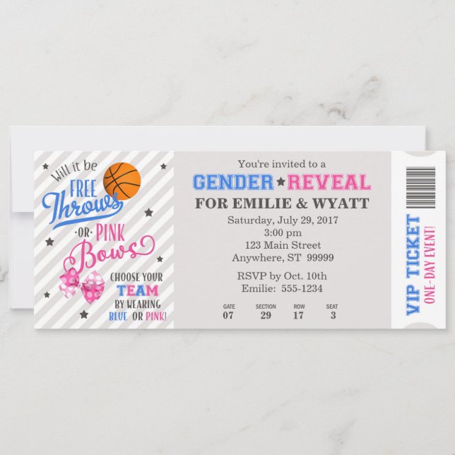Free Throws or Pink Bows Gender Reveal Ticket Invitation (Front)