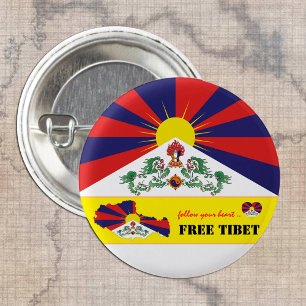 Free Tibet & Tibetan Flag, Map Heart /Tibet Button