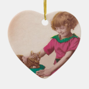 free vintage printable - girl and cat photo tinted ceramic tree decoration