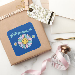 FREE YOUR MIND funny 70's typography design flower Square Sticker