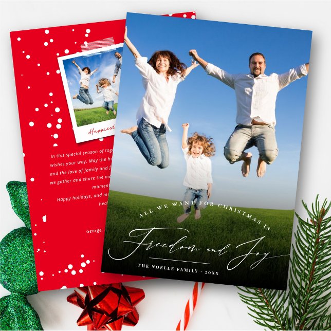 Freedom And Joy Classic Typography Modern Photo Holiday Card (Creator Uploaded)