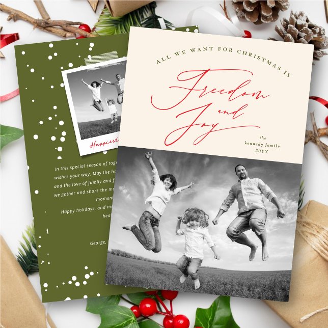 Freedom And Joy Classic Typography Modern Photo Holiday Card (Creator Uploaded)
