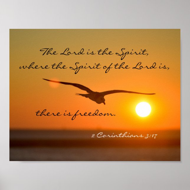 Freedom Bible Verse, Bird Flying at Sunset Poster (Front)