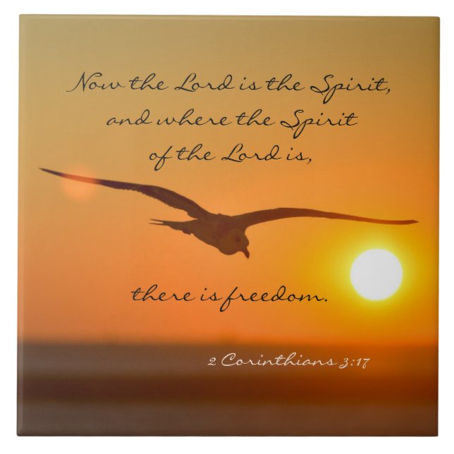 Freedom Bible Verse, Bird Flying at Sunset Tile (Front)