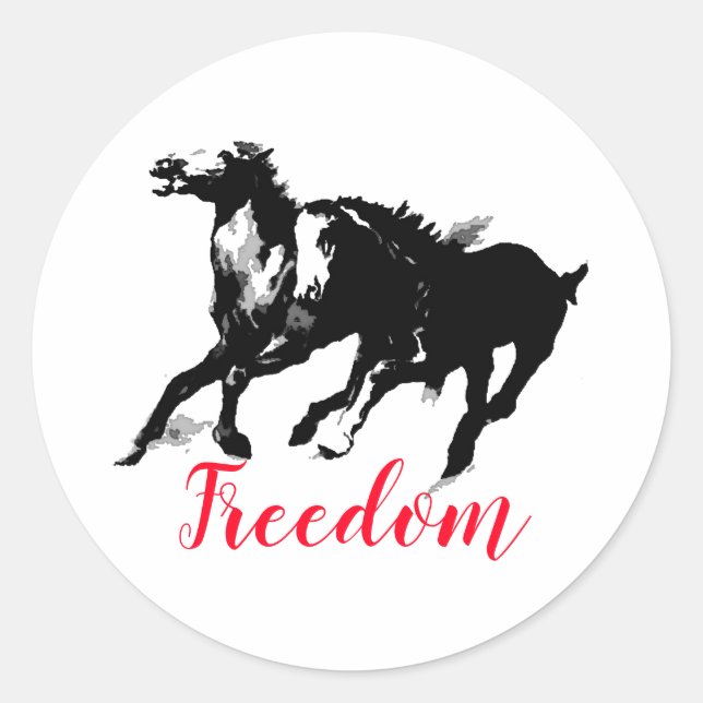 Freedom Black White Pop Art Running Horses Classic Round Sticker (Front)