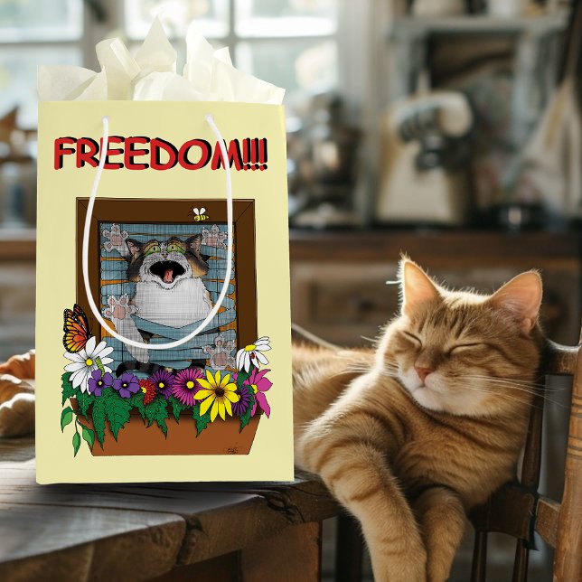 Freedom Escape Funny Cat Yellow Floral Window Medium Gift Bag (Creator Uploaded)