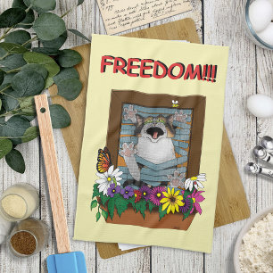 Freedom Escape Funny Cat Yellow Floral Window Tea Towel