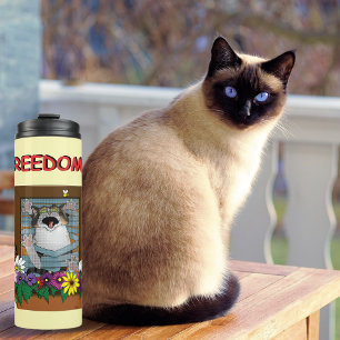 Freedom Escape Funny Cat Yellow Floral Window Thermal Tumbler