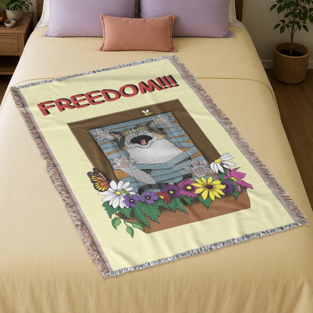 Freedom Escape Funny Cat Yellow Floral Window Throw Blanket (Creator Uploaded)