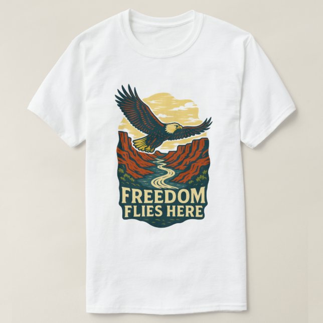 Freedom Flies Here Retro Eagle Artwork T-Shirt (Design Front)