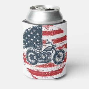 Freedom Ride: Retro Motorcycle and American Flag Can Cooler