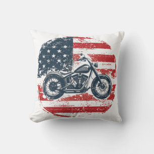 Freedom Ride: Retro Motorcycle and American Flag  Cushion