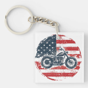 Freedom Ride: Retro Motorcycle and American Flag  Key Ring
